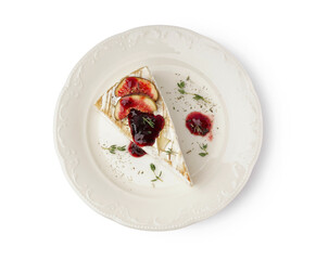 Plate with tasty baked Camembert cheese on white background