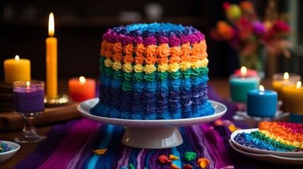 Fototapeta na wymiar Colorful LGBTQ + pride - themed cake beautifully decorated and arranged on a dessert table, ready to be enjoyed at a festive event