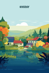 Obraz na płótnie Canvas France Giverny village brochure with beautiful houses, lake and nature landscape. Abstract colorful rustic vector flat poster of Normandy region. AI generative