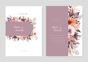 wedding invitation, thank you,details,menu,welcome,boho,minimal template design with watercolor pink leaf and branch, watercolor invitation, beautiful floral wreath.