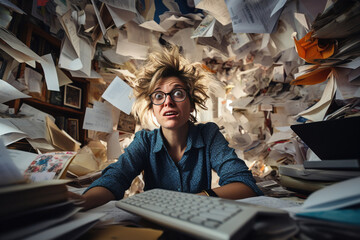 Crazy of business woman with stressed, mad, migraine, Young business woman, office worker people working with stack of papers.