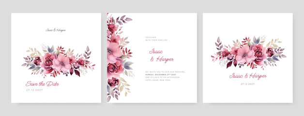 beautiful vector hand drawn pink roses wedding invitation card set