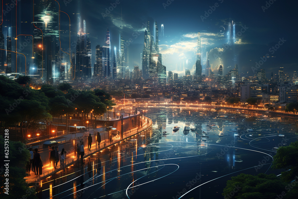 Poster digital overlay - innovations and technology in modern smart city with wireless network or big data 