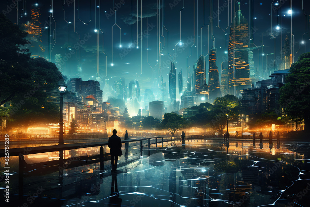 Poster digital overlay - innovations and technology in modern smart city with wireless network or big data 