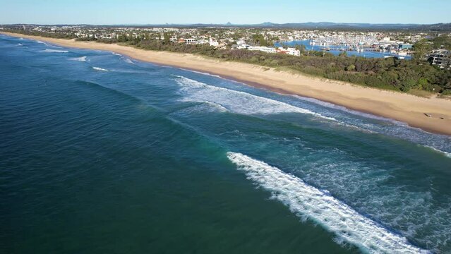 Tranquil Waves Splash on Buddina Beach, Queensland, Australia Aerial Shot