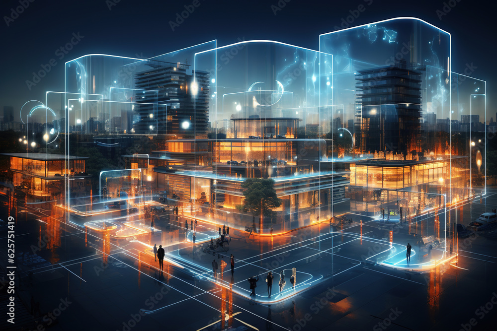 Poster digital overlay - innovations and technology in modern smart city with wireless network or big data 