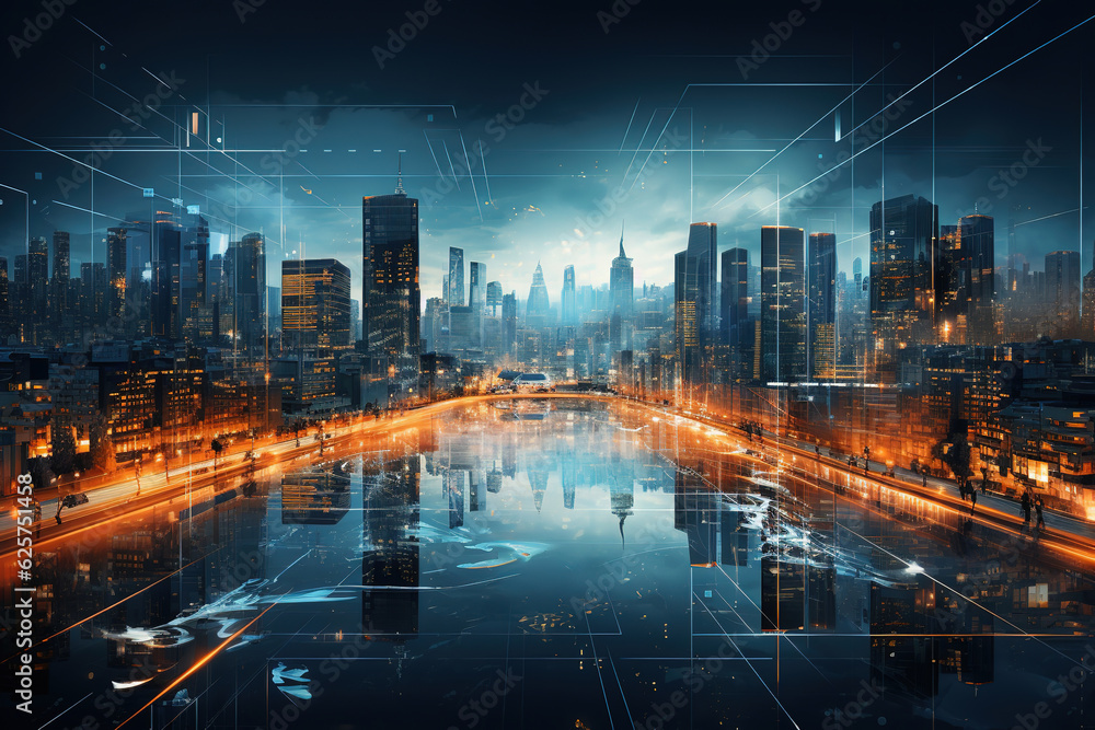 Poster digital overlay - innovations and technology in modern smart city with wireless network or big data 