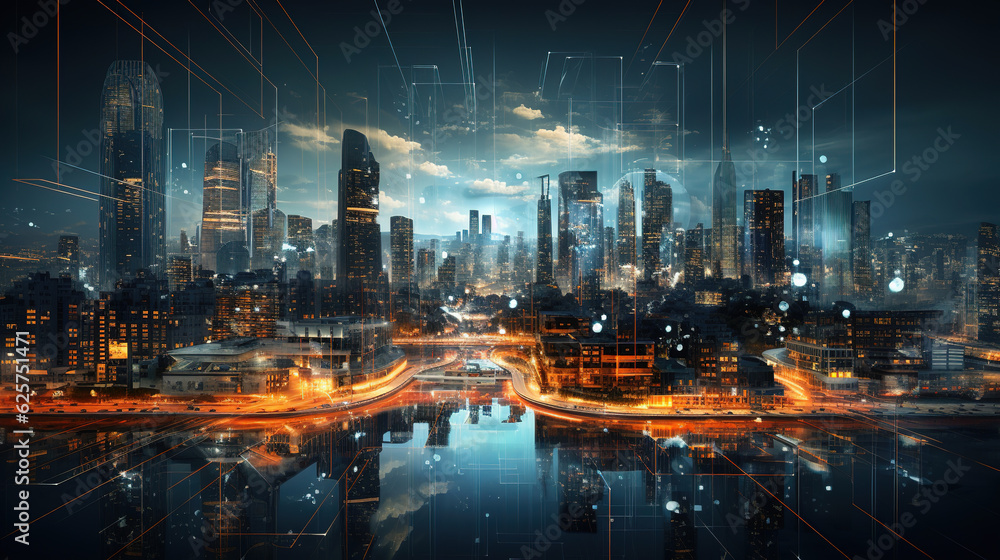 Poster digital overlay - innovations and technology in modern smart city with wireless network or big data 
