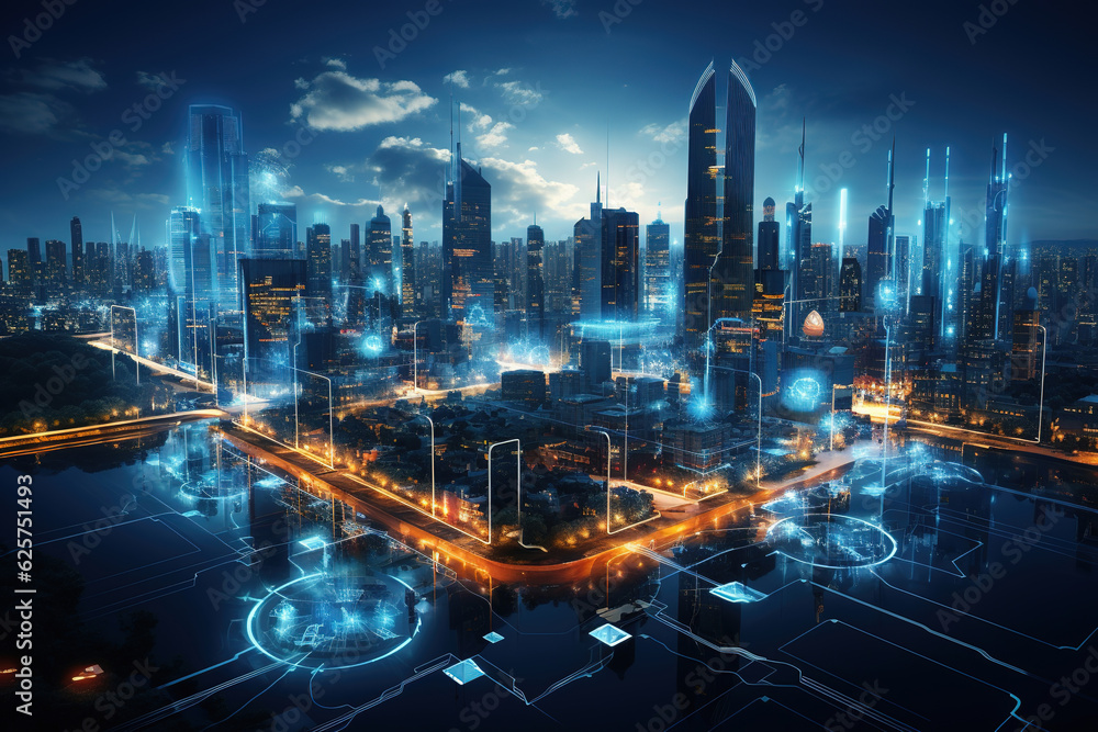 Poster digital overlay - innovations and technology in modern smart city with wireless network or big data 