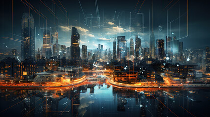Fototapeta premium Digital Overlay - Innovations and technology in Modern smart city with wireless network or big data connection technology concept