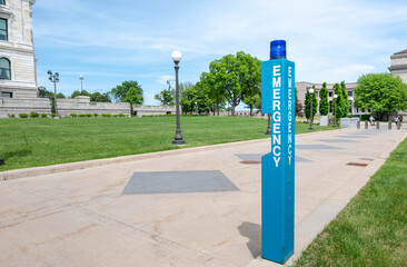 The Blue Emergency Call Box In Front of State Capital of St Paul, MN