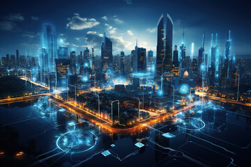 Digital Overlay - Innovations and technology in Modern smart city with wireless network or big data connection technology concept