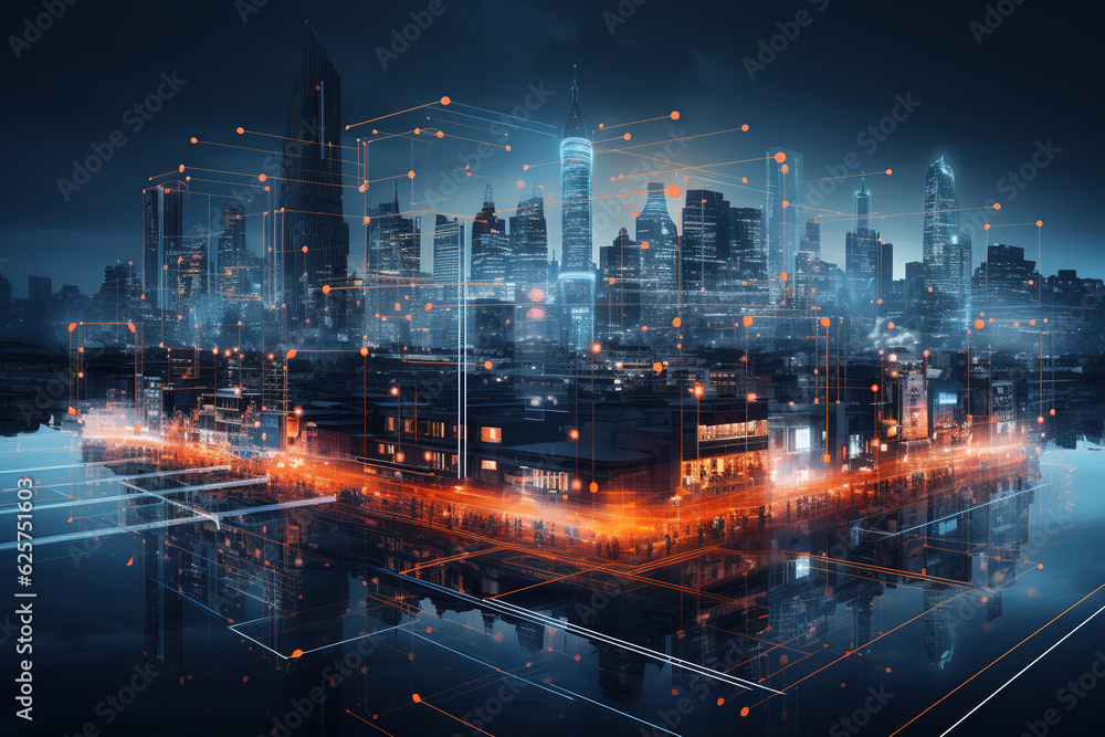 Poster digital overlay - innovations and technology in modern smart city with wireless network or big data 