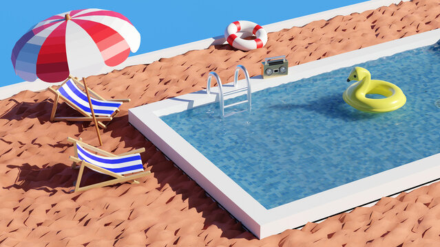 Side view of sunny swimming pool on summer vacation with minimalist concept from 3d render design.