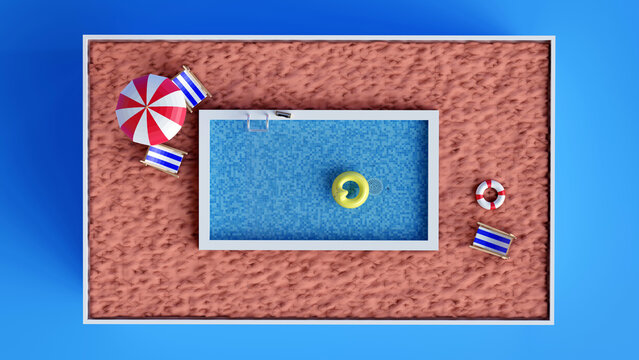 Top view of swimming pool on summer vacation with minimal concept on blue background from 3d render design.