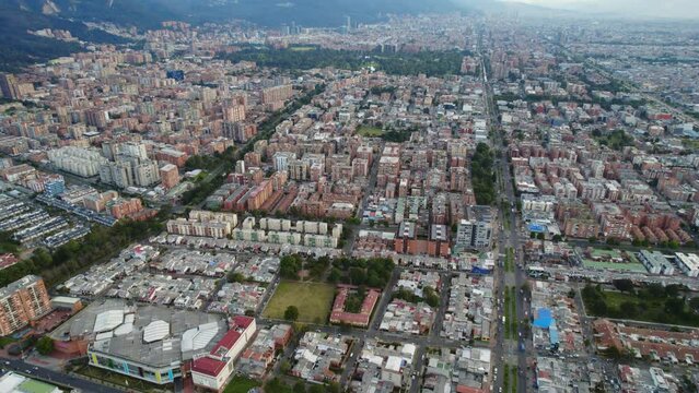 Cedritos Usaqu&eacute;n Bogota Colombia. Aerial Drone View Of Urban Latin American City Blocks With Buildings, Avenues, And Traffic Driving On Streets.
