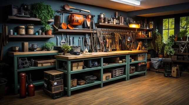 Orderly Garage: A Tidy Haven with Organized Shelves