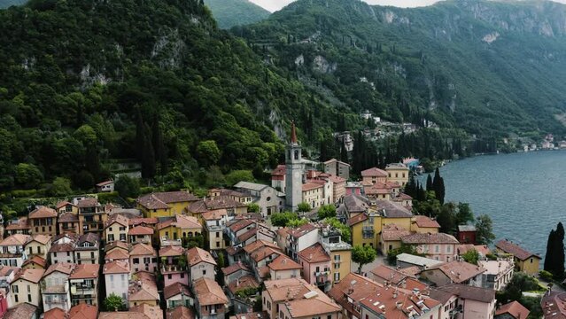 Drone shot revealing the magnitude of Varenna, Italy on Lake Como.