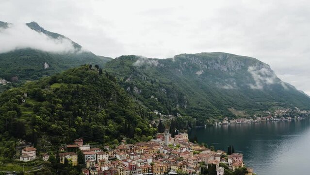 Aerial view of Varenna, Italy on the shore of Lake Como.