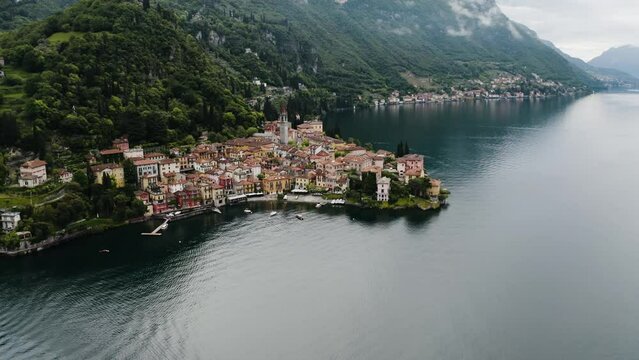 Drone shot of the town of Varenna on Italy's Lake Como.
