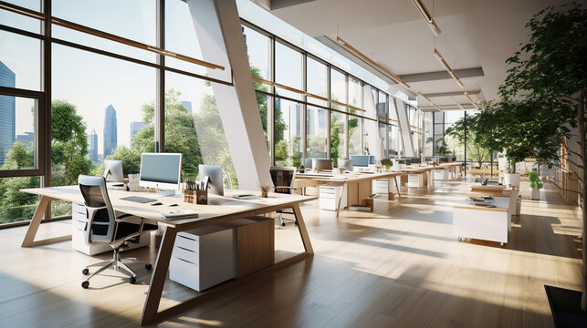 Modern coworking office interior with bright city view and wooden flooring. Design and workplace style concept.