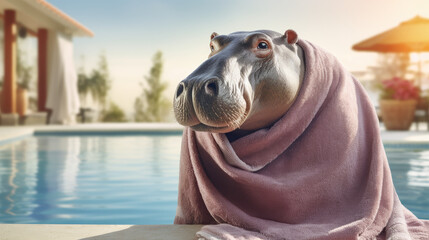 Hippopotamus with a towel at a spa in a luxury resort. Generative AI