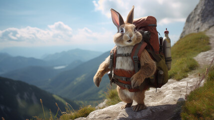 An adventurous rabbit with a backpack hiking on a mountain trail. Generative AI