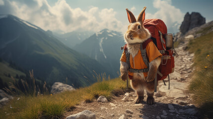 An adventurous rabbit with a backpack hiking on a mountain trail. Generative AI