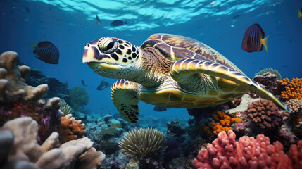 Fototapeta premium A sporty turtle with a snorkel swimming near a coral reef. Generative AI