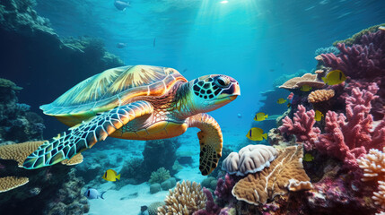 A sporty turtle with a snorkel swimming near a coral reef. Generative AI