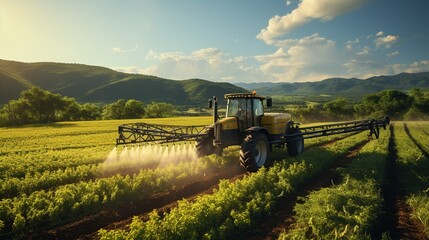 Environmentally Friendly Farming: Tractor Pesticide Application - obrazy, fototapety, plakaty