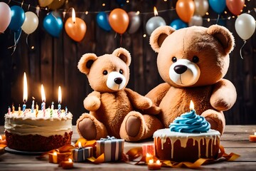 teddy bear with celebrating birthday party generated by AI tool