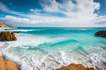 Fototapeta na wymiar Beautiful beach with turquoise sea and waves and sea foam generated by AI tool