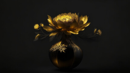 A delicate golden flower Vase illuminated against a dark and mysterious black background
