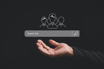 Businessman browsing the internet for data and information. Networking and information retrieval concept. Hand holding an internet search page on a touch screen, with copy space available, job search