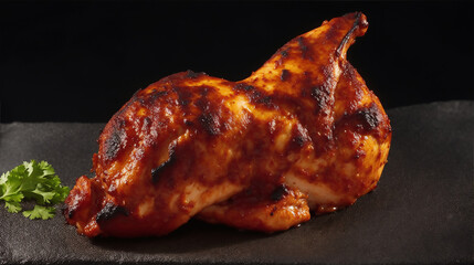 A sizzling BBQ chicken with a charred, smoky flavor, set against a stark black background