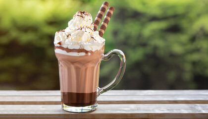 chocolate milkshake in glass with whipped cream on wooden table outdoors