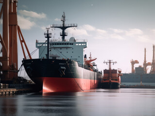 Aerial side view of cargo ship carrying container and running for export goods from cargo yard port to custom ocean concept technology transportation , customs clearance