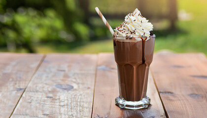 chocolate milkshake in glass with whipped cream on wooden table outdoors