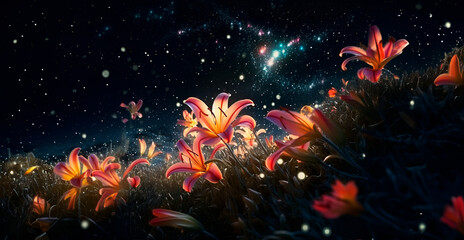 Obraz na płótnie Canvas Blossoms under the Starry Sky - Floral Magic in the Background | Generative IA