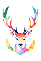 deer with a horns watercolor rainbow art
