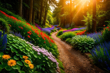 A live beautiful green jungle with lots of trees, flowers and plants. Footpath in the jungle with sun through the colorful flowers