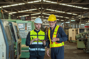 Two professional engineer worker technician assistant in helmet inspection check old machine construction factory with colleague manager. check old machinery production construction operating