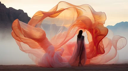 Tuinposter Abstract colorful smoke scarf blowing in the wind over a desert landscape with a woman in silhouette. Concept art sunset.  © Fox Ave Designs