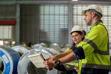 Factory apprenticeship. Man mentor teaching Female employees trainee operating machine looking monitors and check Production process machinery. foreman explaining woman engineer control machine .