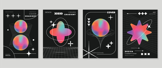 Modern y2k design background cover. Abstract gradient graphic with sparkles, pixel, wireframe. Aesthetic business cards collection illustration for flyer, brochure, invitation, social media, poster.