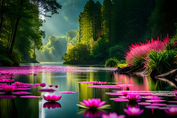 Forest landscape with morning vibes over the lake. Floating pink flower on the calm water - obrazy, fototapety, plakaty