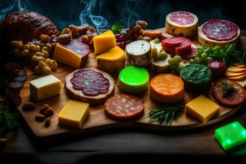 charcuterie board with multicolored alien cheeses, with glowing mold and fungus. generated by AI...