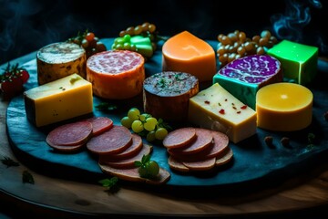 charcuterie board with multicolored alien cheeses, with glowing mold and fungus. generated by AI tools