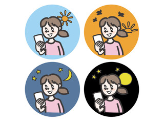 朝から真夜中までスマホに夢中のスマホ依存症な女性のイラスト